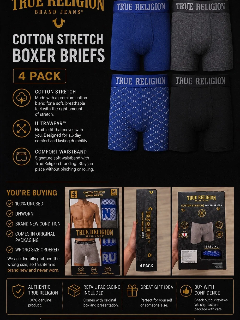 True Religion 4-Pack Cotton Stretch Boxer Briefs in Gray and Blue
